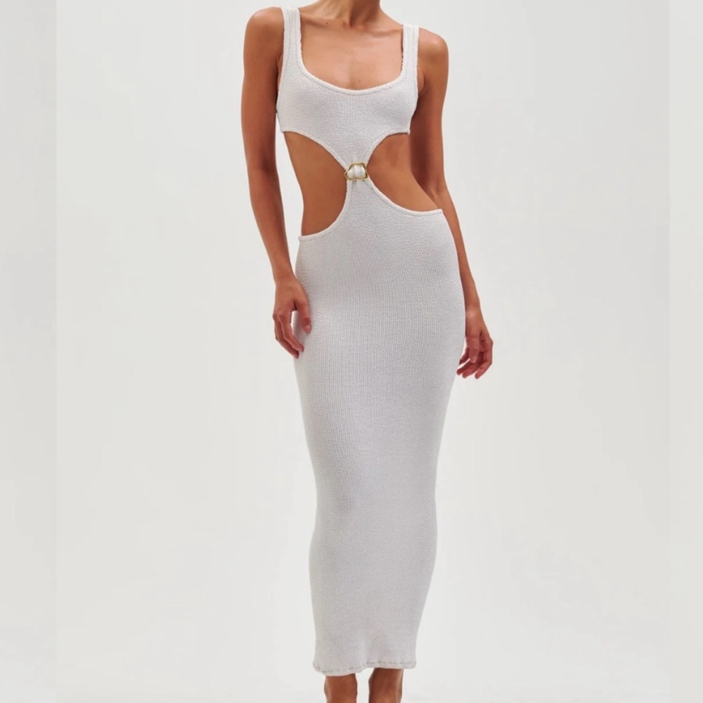 Ronny Kobo Collection Pearl-Embellished White Backless Dress